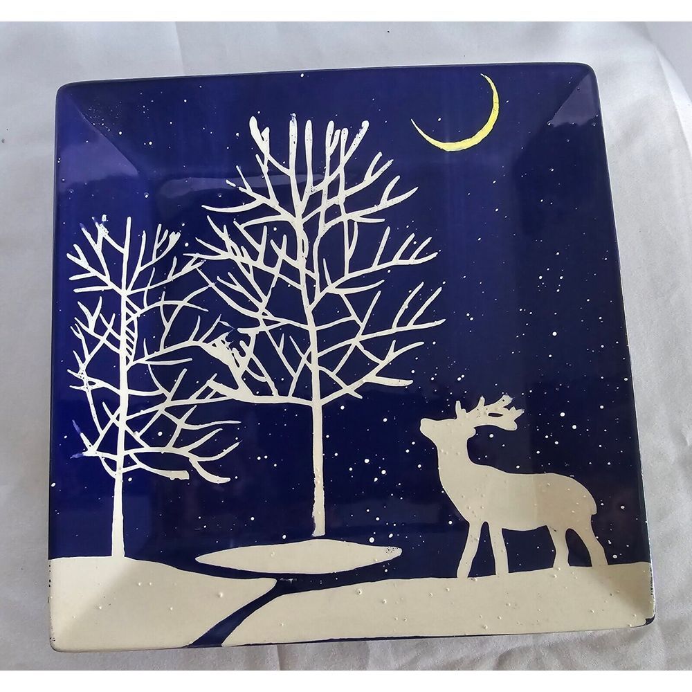 ND Hand‎ painted square plate Winter theme Trees Reindeer Snow Blue & White